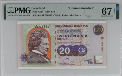 《张总收藏》92期——外币精品大会100拍 - 苏格兰戴尔银行1999年20镑少见品种PMG67E亚军分 冠军68分仅1张