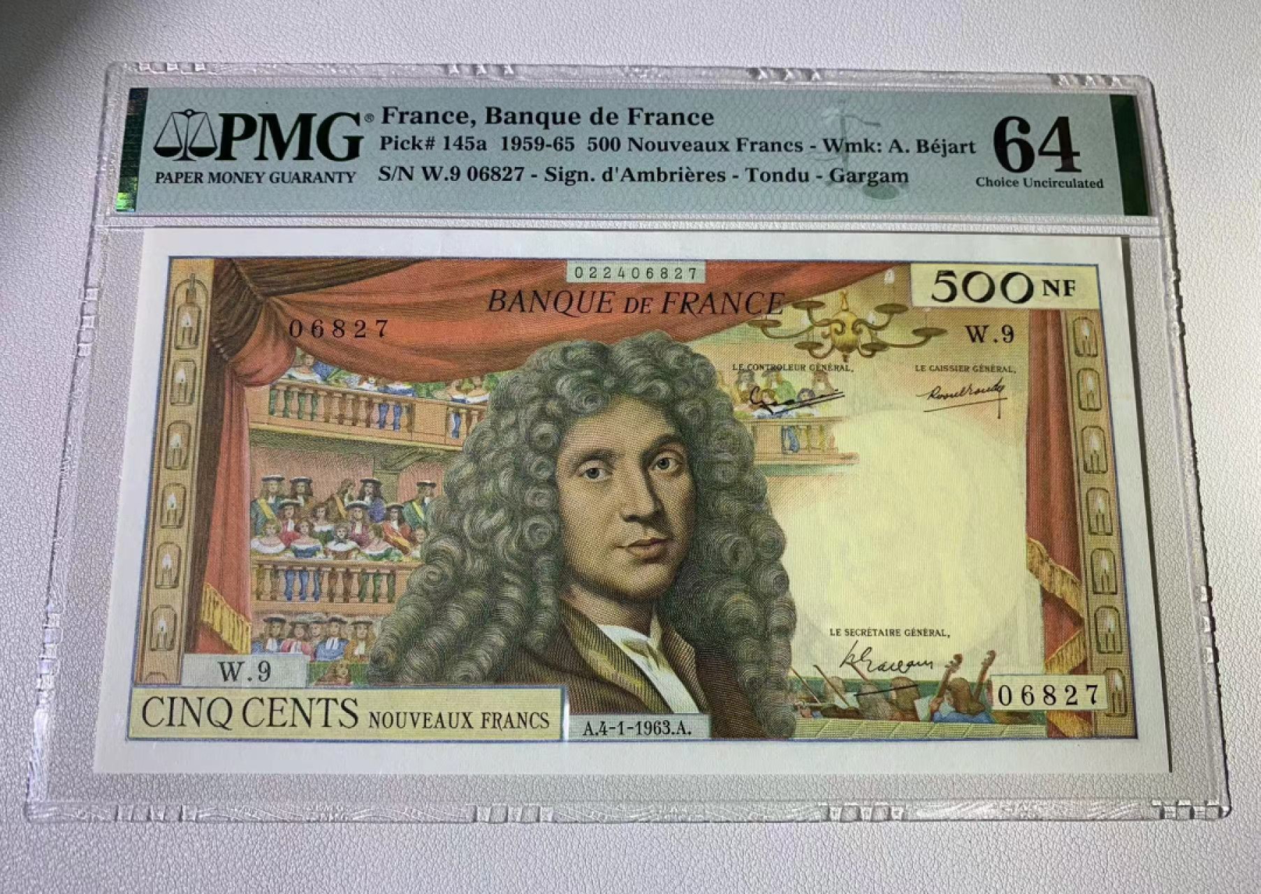 【Blue Auction】✨世界纸币精拍第300期盛典🔥🔥🔥 法国 1963年5000法郎 戏剧家莫里哀 非常漂亮的大票幅高值纸币 PMG64 