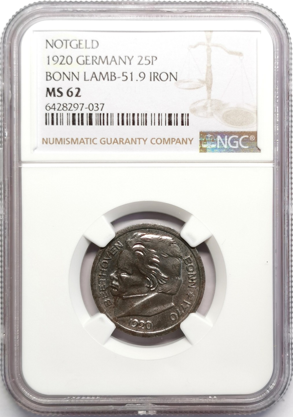 凡希社世界钱币微拍第二百三十期 1920德紧波恩贝多芬25芬尼铁币NGC-MS62