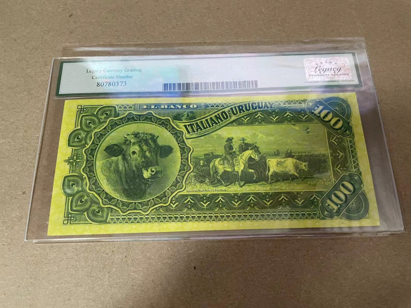 【Blue Auction】✨世界纸币精拍第300期盛典🔥🔥🔥 乌拉圭 1887年100比索 LCG65EPQ 大胡子 哥伦布 背面牛群