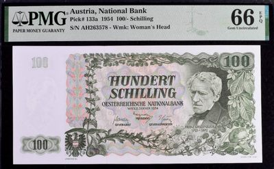 【Blue Auction】✨世界纸币精拍第300期盛典🔥🔥🔥 【仅1张更高分】奥地利 1954年100先令 PMG66EPQ 设计非常漂亮 奥地利剧作家、诗人格里尔伯泽