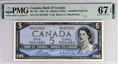 【Blue Auction】✨世界纸币精拍第300期盛典🔥🔥🔥 【冠军分】加拿大 1954年5元 PMG67EPQ 水獭瀑布 女王 高分