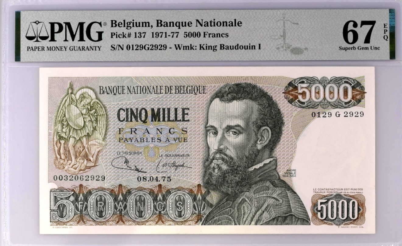 【Blue Auction】✨世界纸币精拍第300期盛典🔥🔥🔥 【2929重复号 亚军分】比利时 1971-77年5000法郎 PMG67EPQ 现代人体解剖学的奠基人安德烈亚斯·维萨利乌斯 
