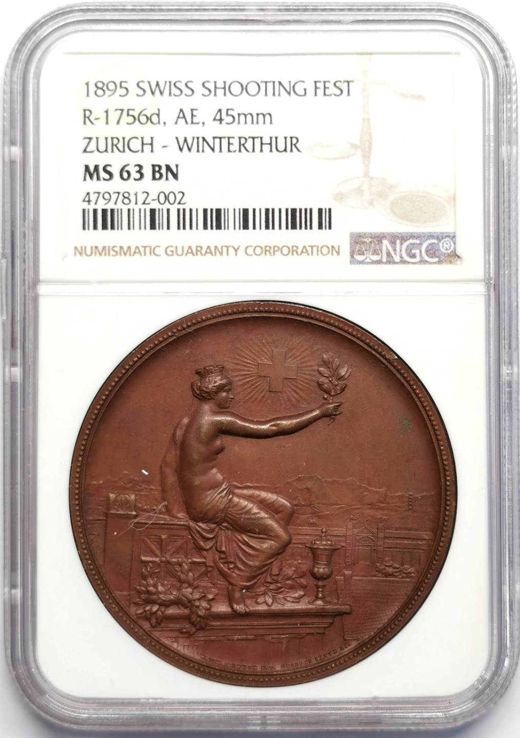 凡希社世界钱币微拍第二百三十期 1895瑞士苏黎世-温特图尔射击节纪念铜章NGC-MS63
