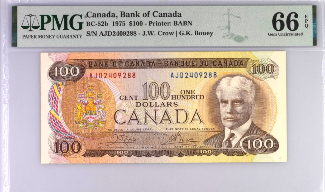 【Blue Auction】✨世界纸币精拍第300期盛典🔥🔥🔥 【88尾】加拿大 1975年100元 PMG66EPQ 背面港口精美
