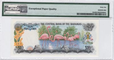 【Blue Auction】✨世界纸币精拍第300期盛典🔥🔥🔥 【无47】巴哈马 1974年10元 PMG66EPQ 女王 彩背 火烈鸟 