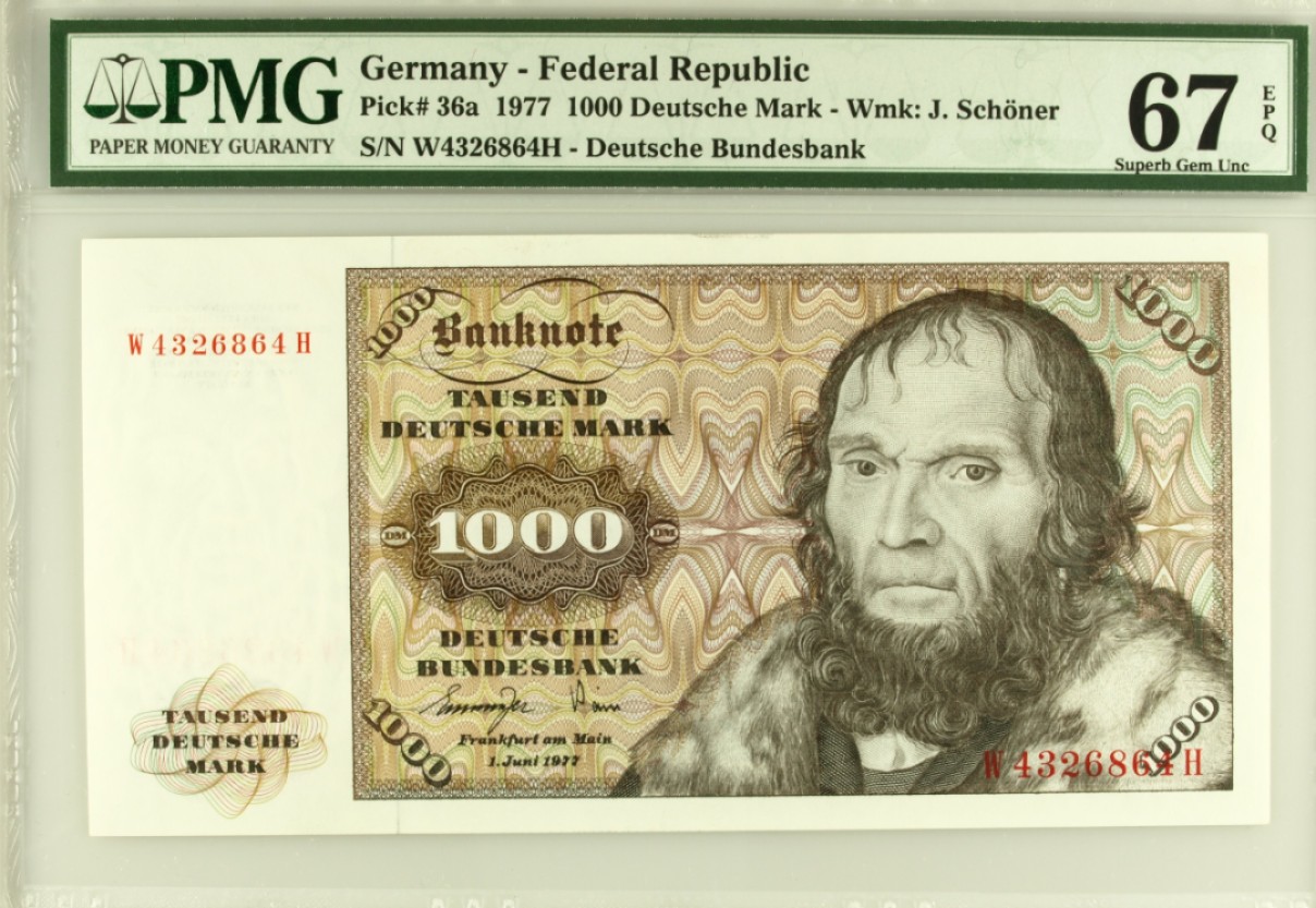 【Blue Auction】✨世界纸币精拍第300期盛典🔥🔥🔥 【p36a】德国 1977年1000马克 PMG67EPQ 高分舍那 极致雕刻
