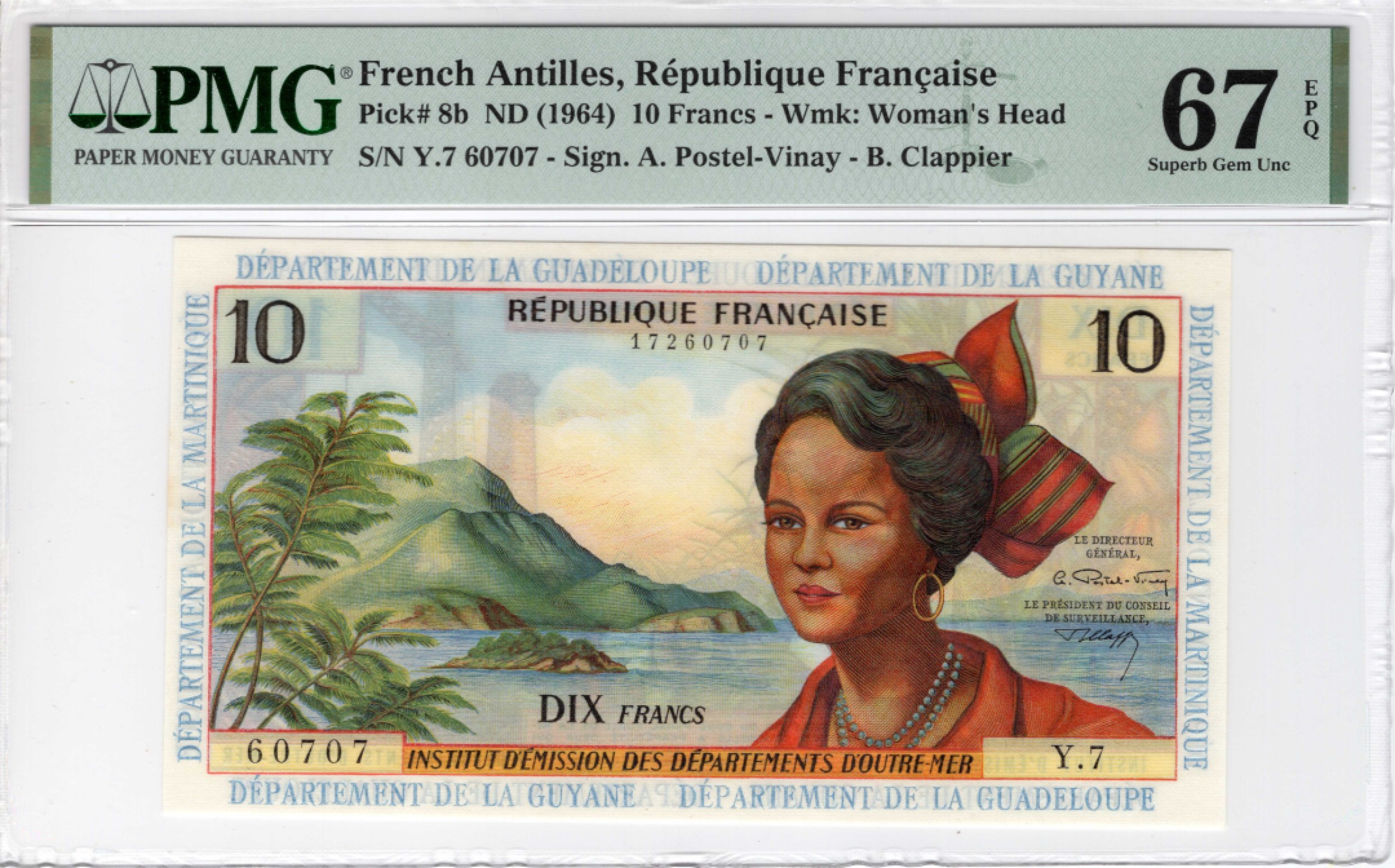 【Blue Auction】✨世界纸币精拍第300期盛典🔥🔥🔥 法属安的列斯 1964年10法郎 PMG67EPQ 唯美风光 高分 