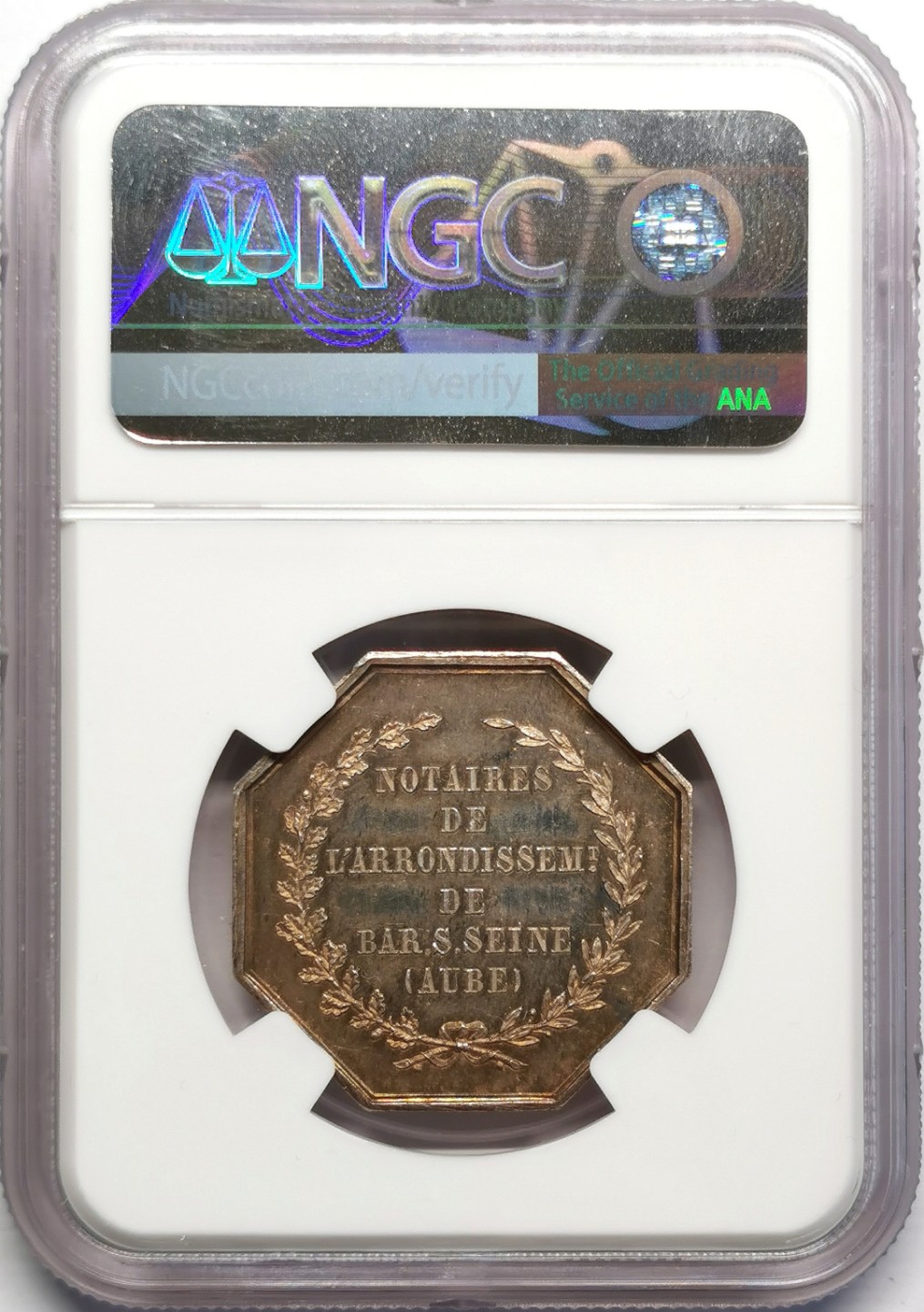 凡希社世界钱币微拍第二百三十期 十九世纪法国塞纳河畔巴尔公证处八角银章NGC-MS61