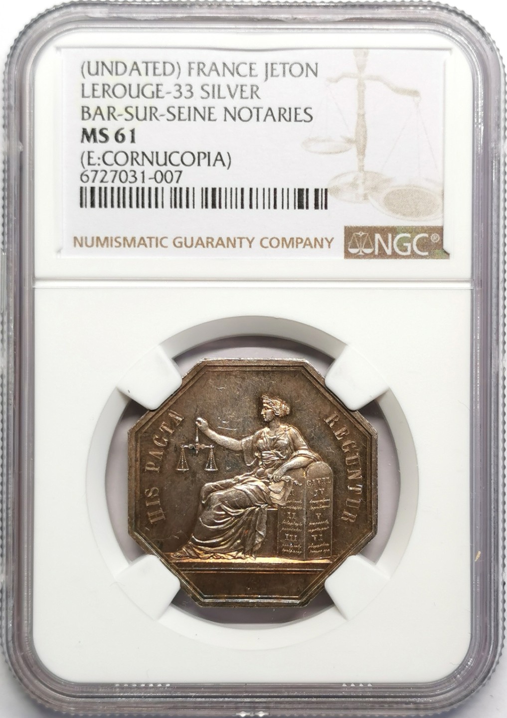 凡希社世界钱币微拍第二百三十期 十九世纪法国塞纳河畔巴尔公证处八角银章NGC-MS61