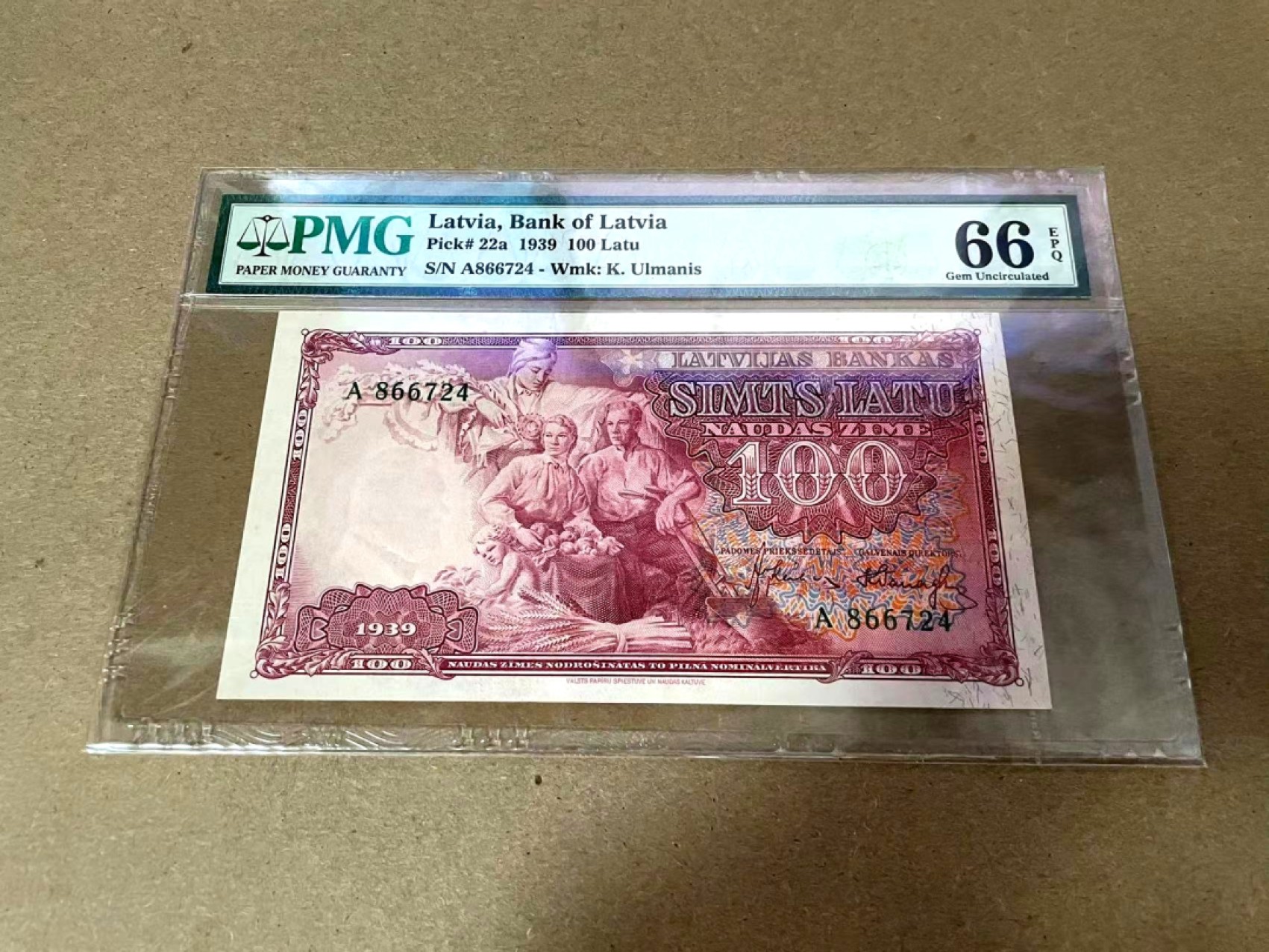 【Blue Auction】✨世界纸币精拍第300期盛典🔥🔥🔥 拉脱维亚 1939年100拉图 设计精美 PMG66EPQ 