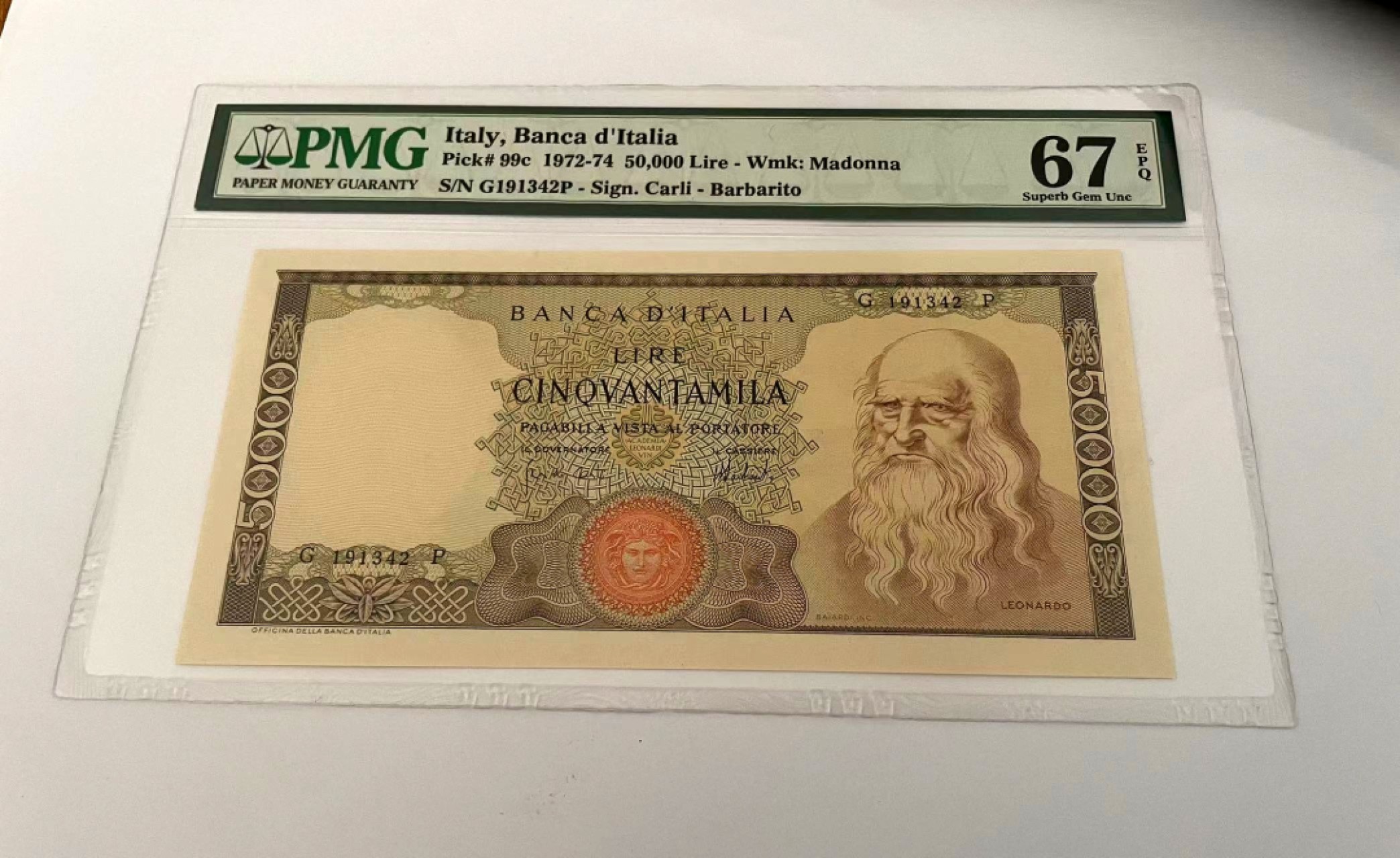 【Blue Auction】✨世界纸币精拍第300期盛典🔥🔥🔥 意大利 1972-74年50000里拉 PMG67EPQ 高分达芬奇 雕刻精美 