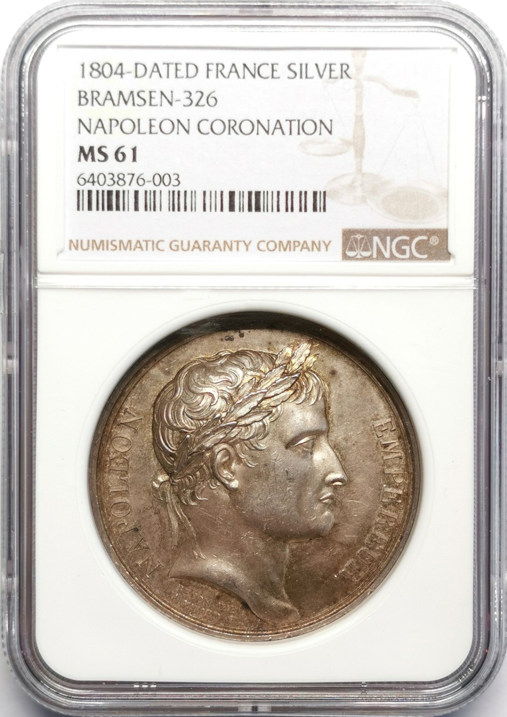 凡希社世界钱币微拍第二百三十期 荐！1804法国拿破仑加冕纪念银章原铸NGC-MS61包浆迷人！