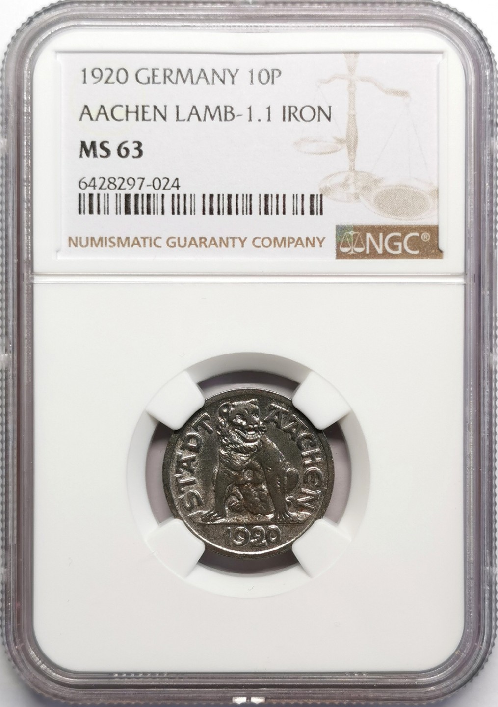 凡希社世界钱币微拍第二百三十期 1920德紧亚琛无心狼10芬尼铁币NGC-MS63冠军分！