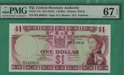 斐济1元 1974年 P-71b 尾号8818 大洋洲纸币 实物如图 UNC - 斐济1元 1974年 P-71b 尾号8818 大洋洲纸币 实物如图 UNC