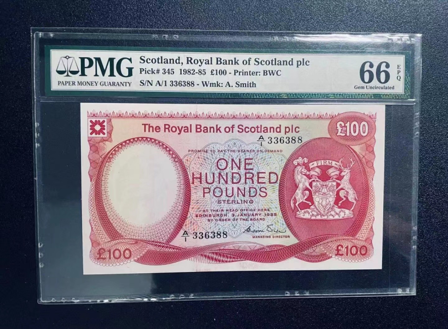 【Blue Auction】✨世界纸币精拍第300期盛典🔥🔥🔥 【A1冠无47】苏格兰 1982-85年100镑 BWC出品 城堡版 PMG66EPQ 清新耐看 高分