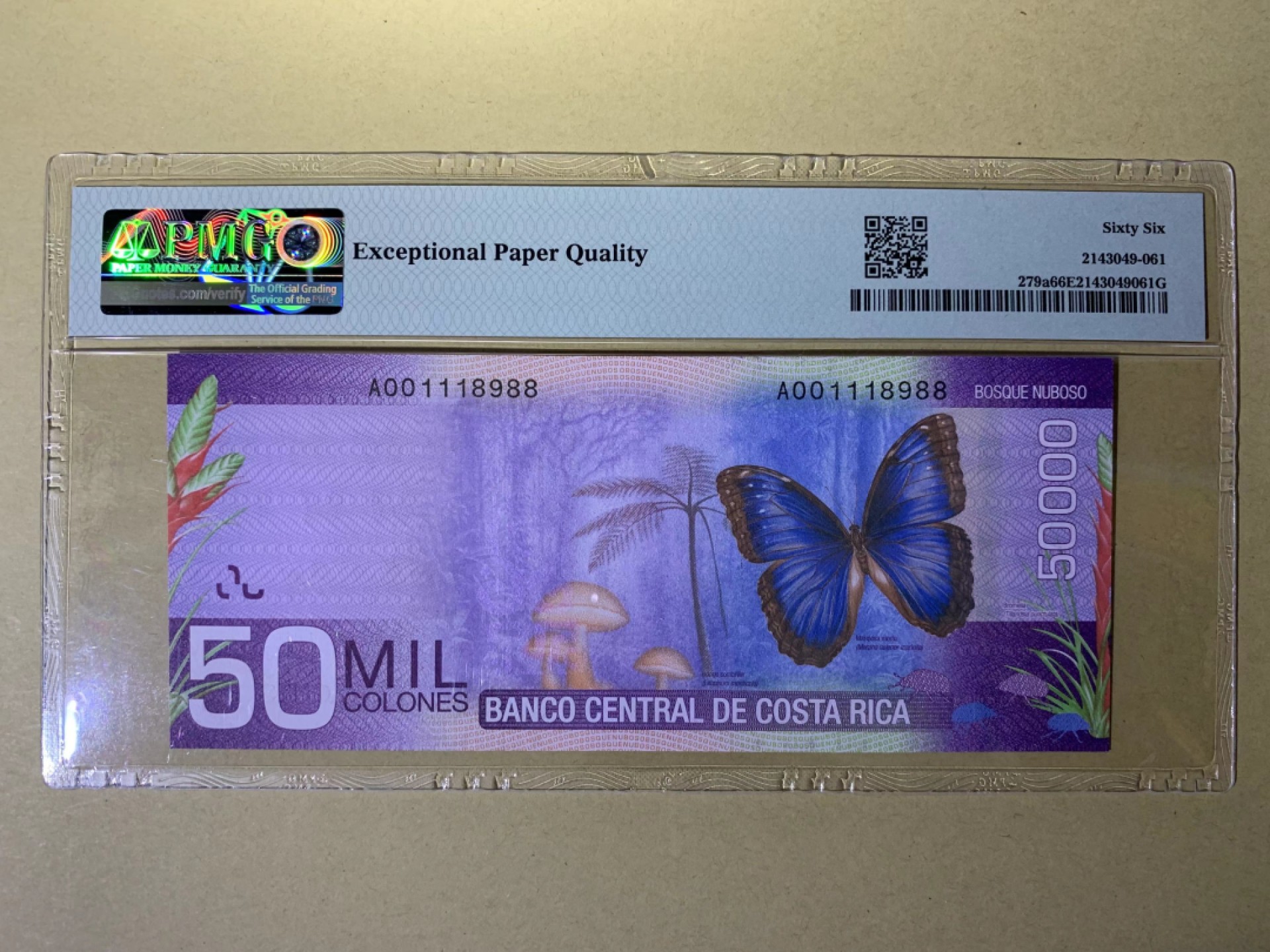 【Blue Auction】✨世界纸币精拍第300期盛典🔥🔥🔥 【AA倒置号118988靓号少见】哥斯达黎加 2009年50000克朗 紫蝶 PMG66EPQ 