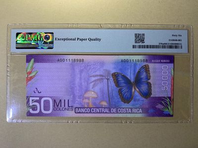 【Blue Auction】✨世界纸币精拍第300期盛典🔥🔥🔥 【AA倒置号118988靓号少见】哥斯达黎加 2009年50000克朗 紫蝶 PMG66EPQ 