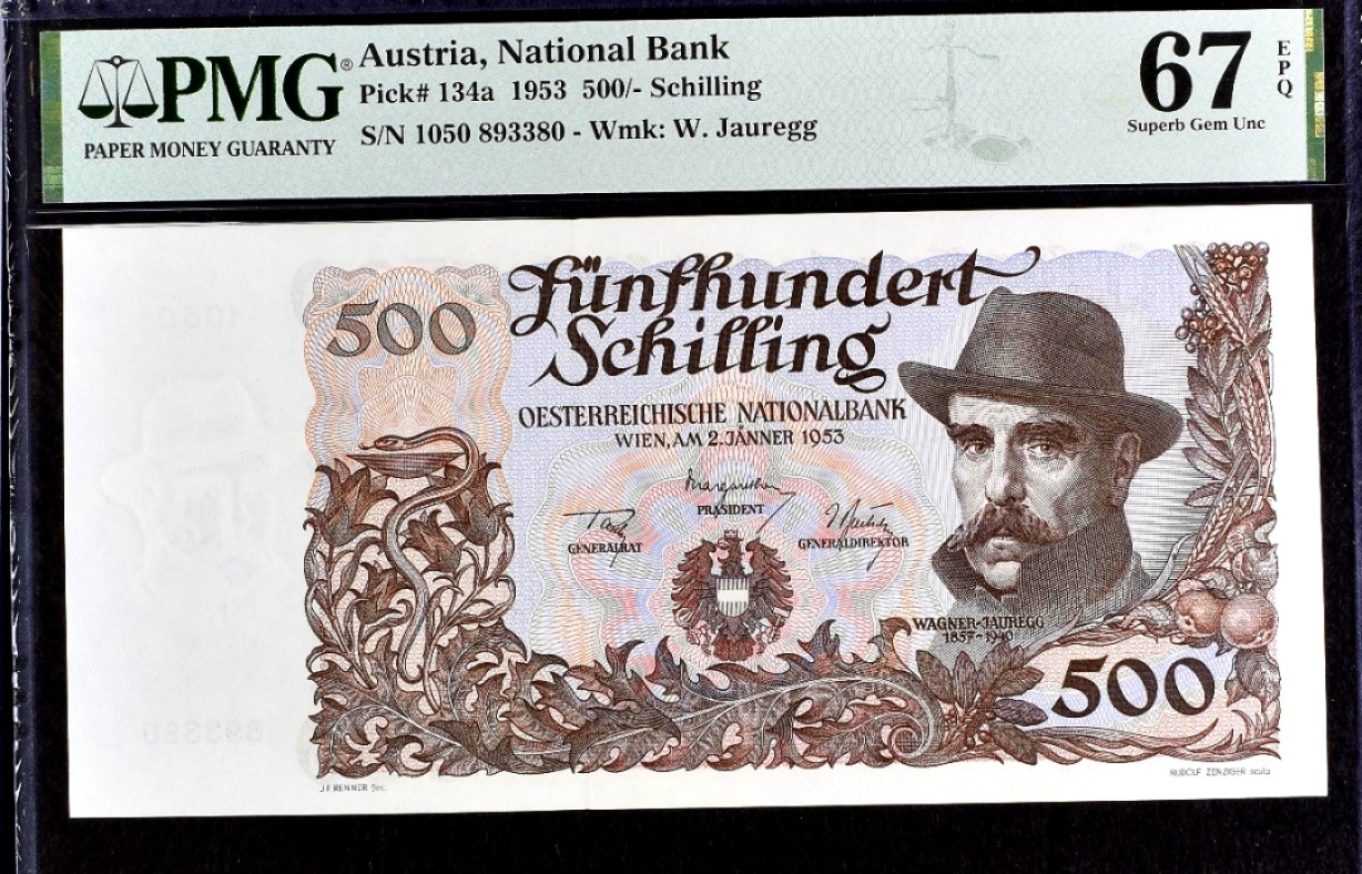 【Blue Auction】✨世界纸币精拍第300期盛典🔥🔥🔥 【仅1张更高分 无47】奥地利 1954年500先令 次高值 PMG67EPQ大票幅 顶级高分 瓦格纳