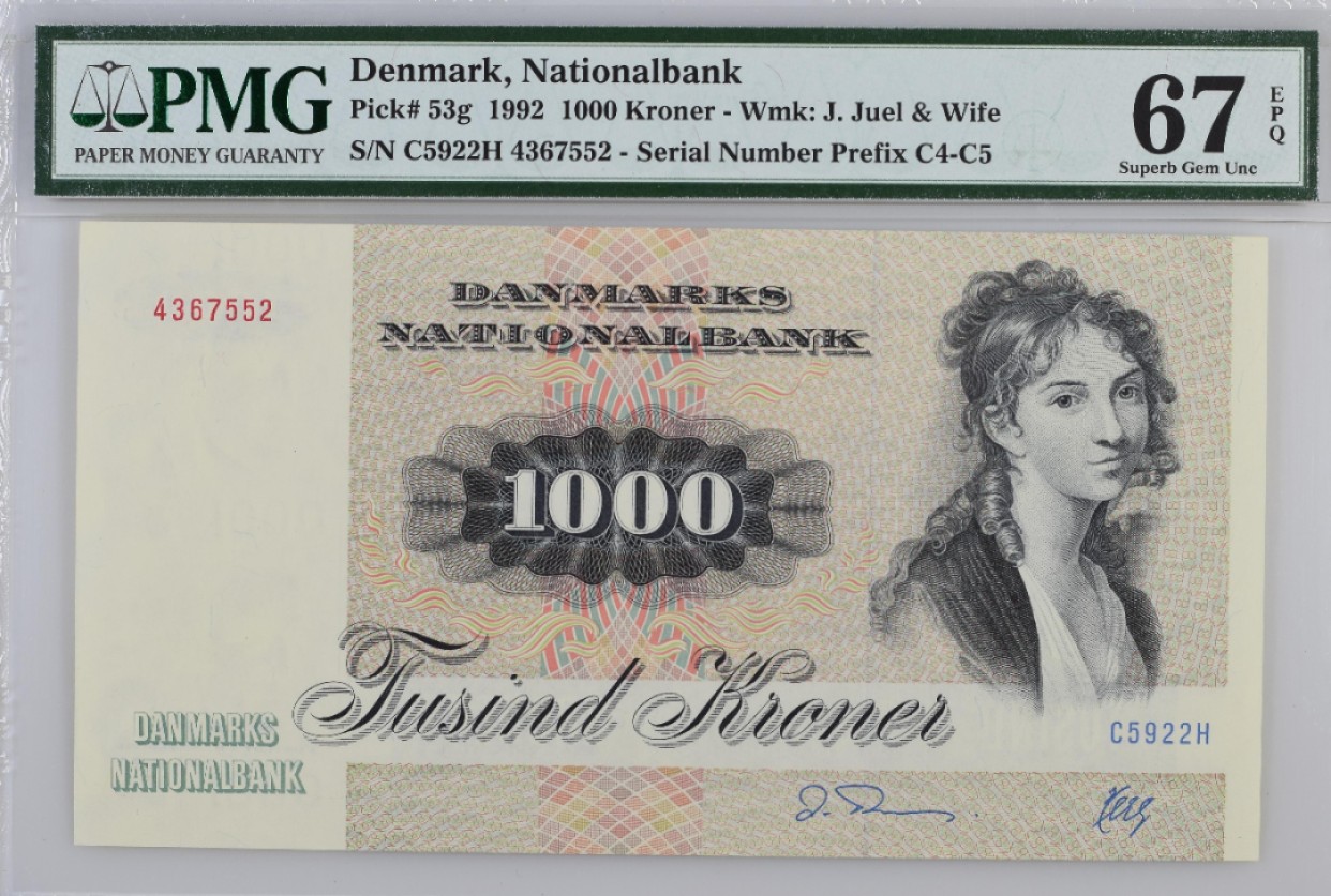 【Blue Auction】✨世界纸币精拍第300期盛典🔥🔥🔥 丹麦 1992年1000克朗 大松鼠 PMG67EPQ 高分 