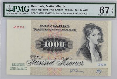 【Blue Auction】✨世界纸币精拍第300期盛典🔥🔥🔥 丹麦 1992年1000克朗 大松鼠 PMG67EPQ 高分 