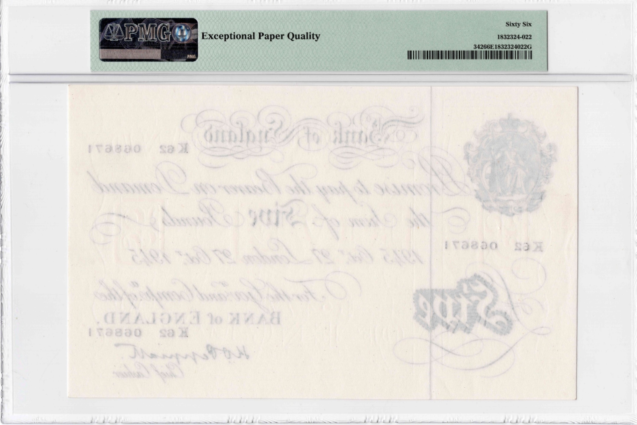 【Blue Auction】✨世界纸币精拍第300期盛典🔥🔥🔥 英国 1944-47年5镑 PMG66EPQ 大票幅 白色英镑 PMG66EPQ 