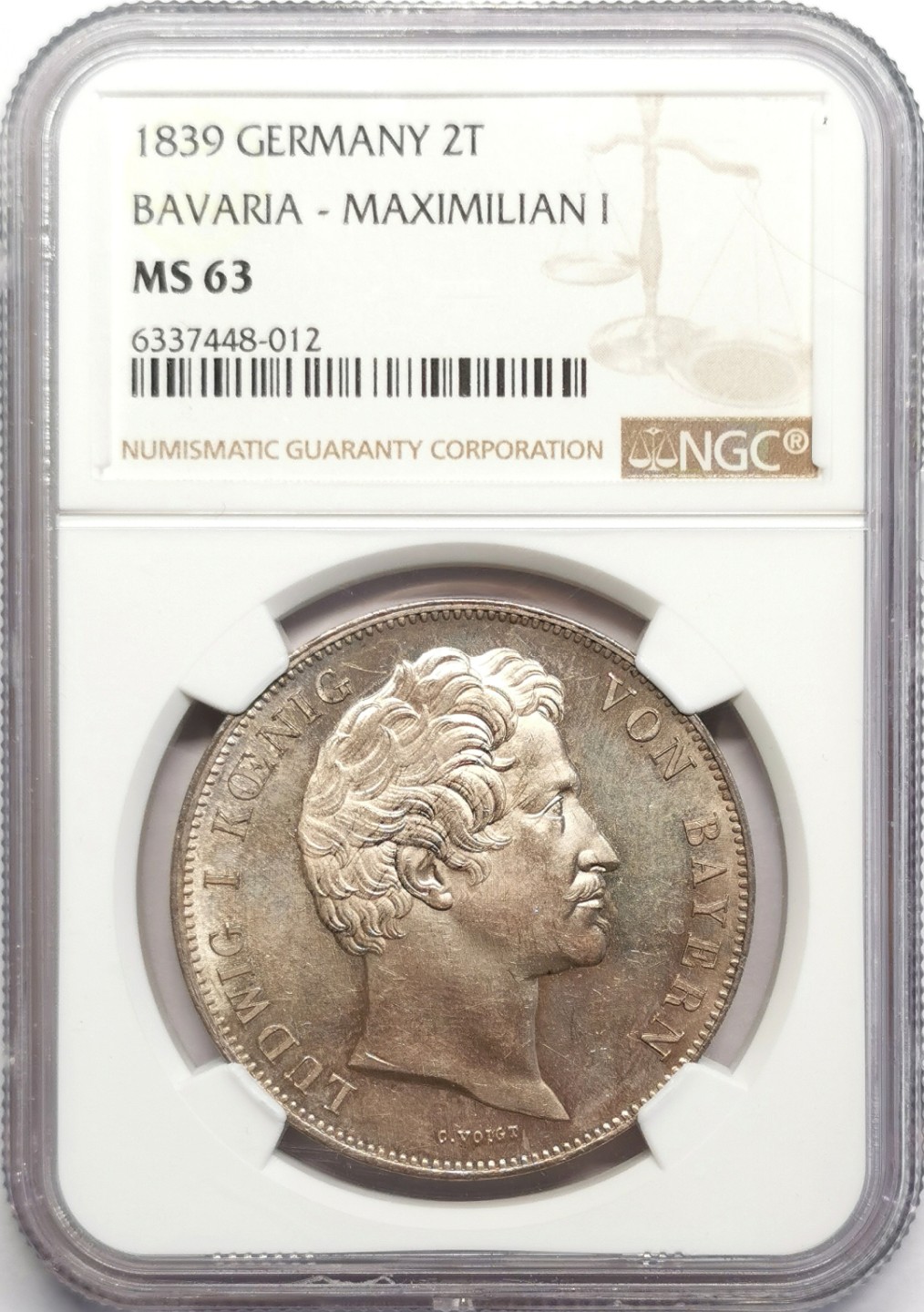 凡希社世界钱币微拍第二百三十期 荐！1839巴伐利亚马克西米连纪念2泰勒大银NGC-MS63淡色紫金彩！