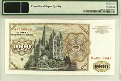 【Blue Auction】✨世界纸币精拍第300期盛典🔥🔥🔥 【p36a】德国 1977年1000马克 PMG67EPQ 高分舍那 极致雕刻