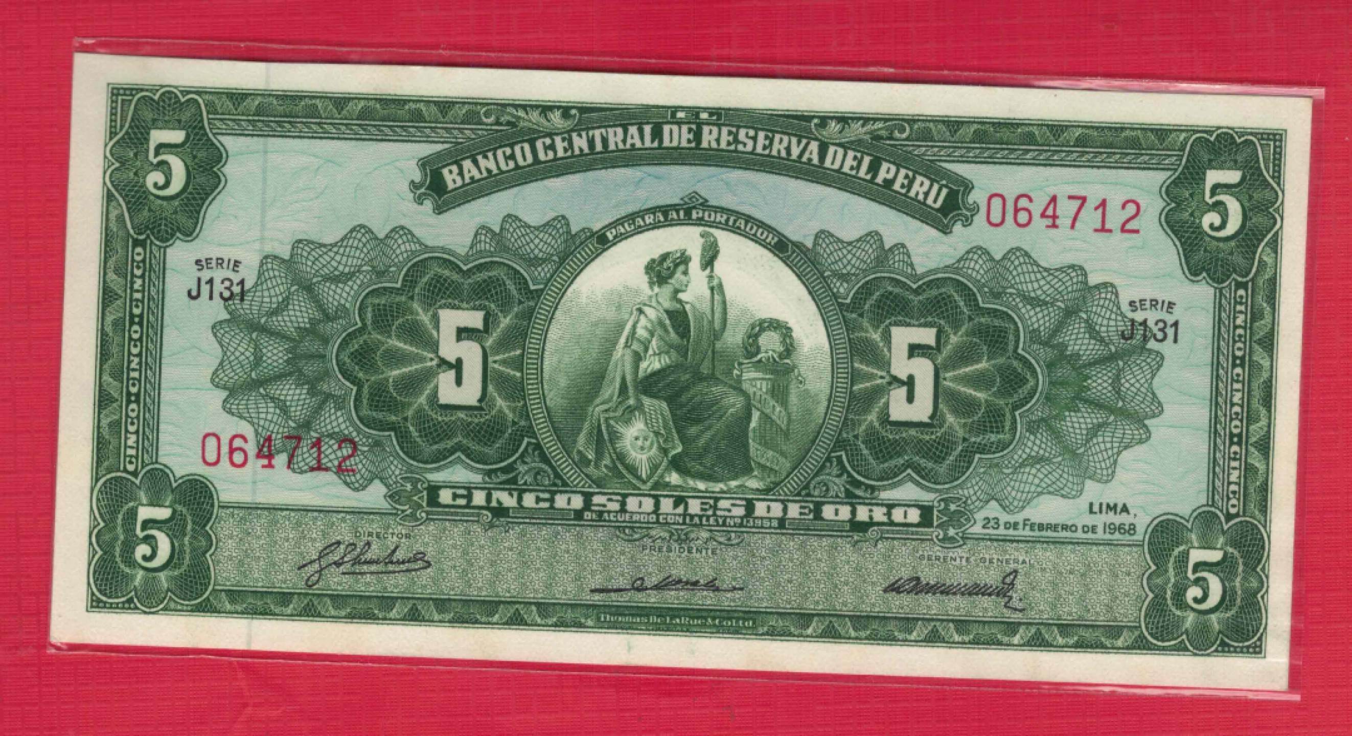 秘鲁5沙奥 1968年 P-83 J131序列 美洲纸币 实物图 UNC