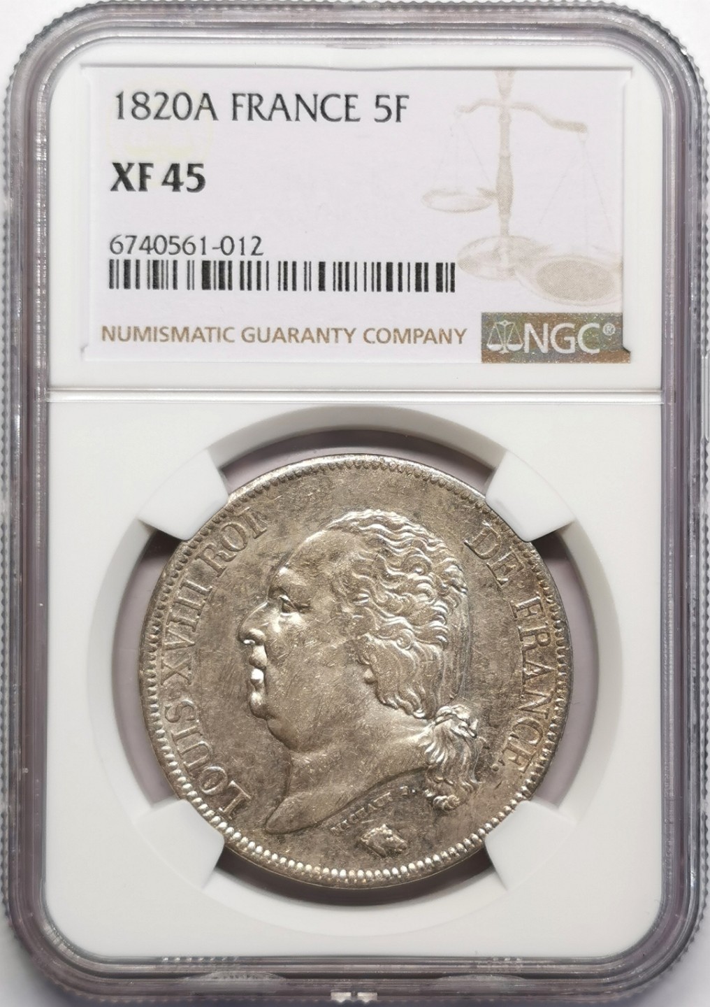 凡希社世界钱币微拍第二百三十期 1820法国路易十八5法郎NGC-XF45