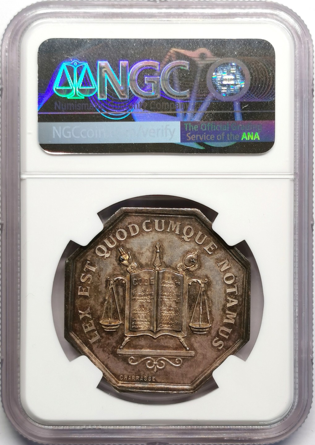 凡希社世界钱币微拍第二百三十期 十九世纪法国布尔格公证处八角银章NGC-MS62