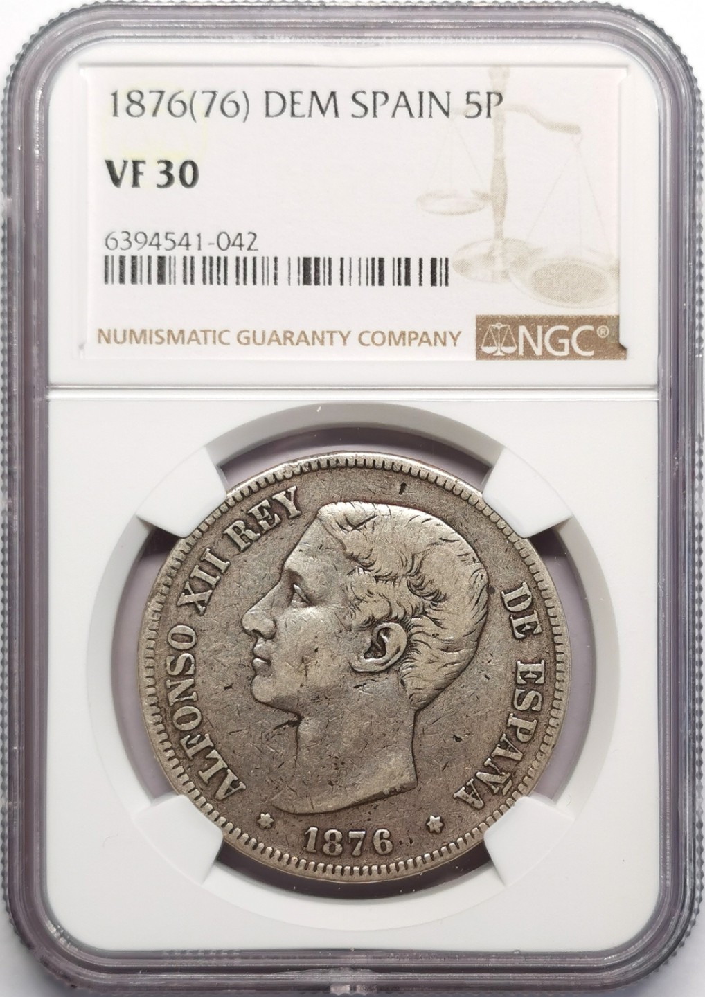 凡希社世界钱币微拍第二百三十期 1876西班牙阿丰索十二世5P大银NGC-VF30