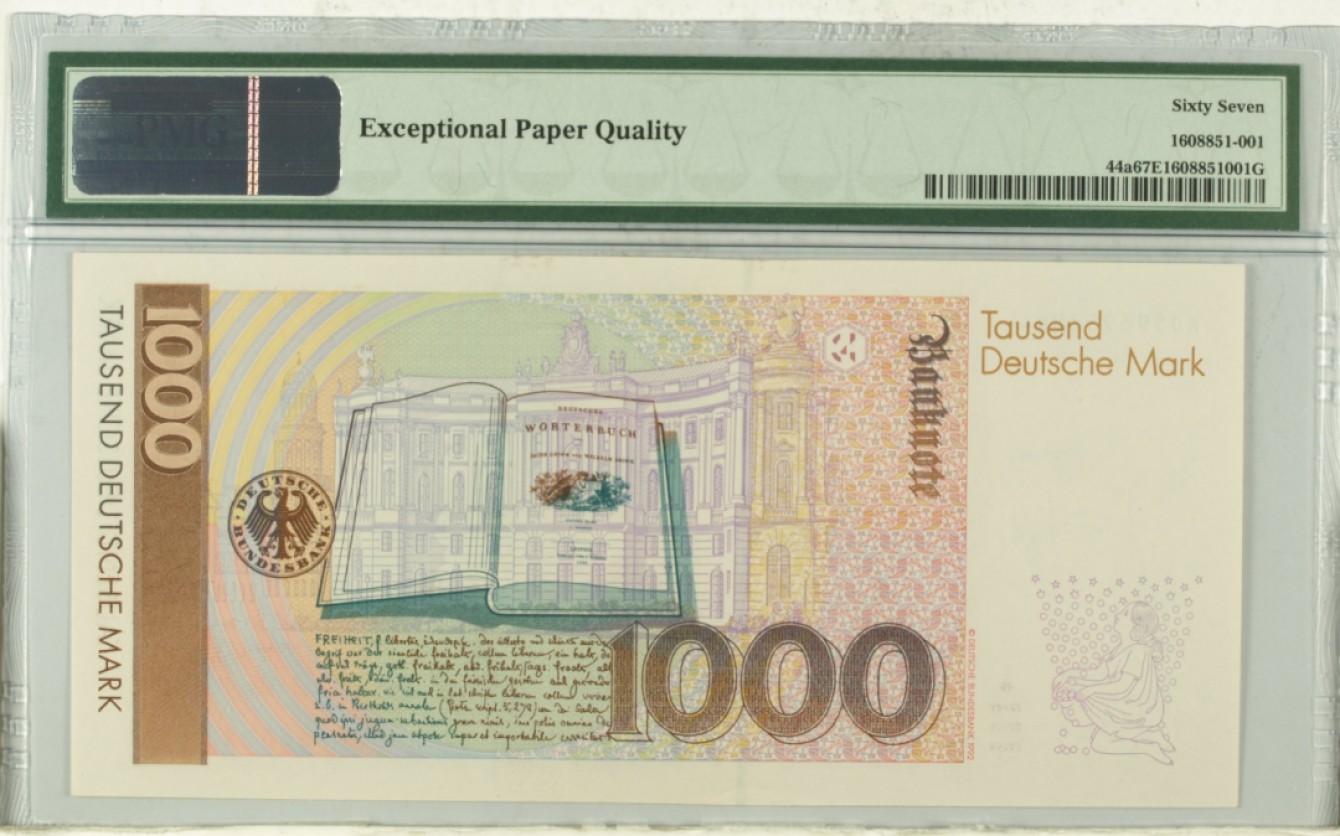 【Blue Auction】✨世界纸币精拍第300期盛典🔥🔥🔥 【初版p44a】德国 1991年1000马克  PMG67EPQ 格林兄弟 