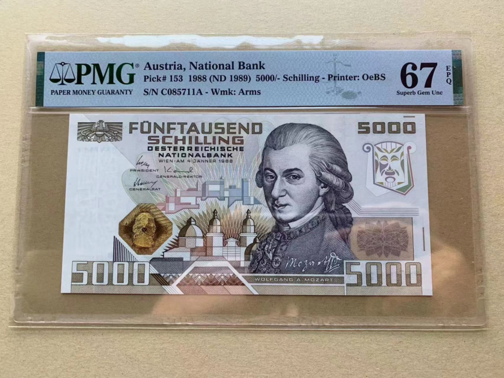 【Blue Auction】✨世界纸币精拍第300期盛典🔥🔥🔥 奥地利 1988年5000先令 莫扎特 经典 PMG67EPQ 高分