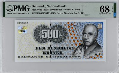 【Blue Auction】✨世界纸币精拍第300期盛典🔥🔥🔥 【冠军分 p63e】丹麦 2008年500克朗 浮雕版 PMG68EPQ 超高分