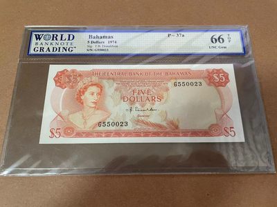 【Blue Auction】✨世界纸币精拍第300期盛典🔥🔥🔥 【无47】巴哈马 1974年5元 女王 经典彩背 WBG66TOP