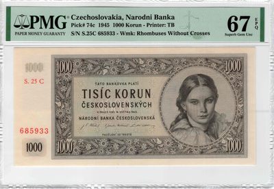 【Blue Auction】✨世界纸币精拍第300期盛典🔥🔥🔥 【无47 实钞】捷斯 1945年1000克朗 PMG67EPQ 高分 