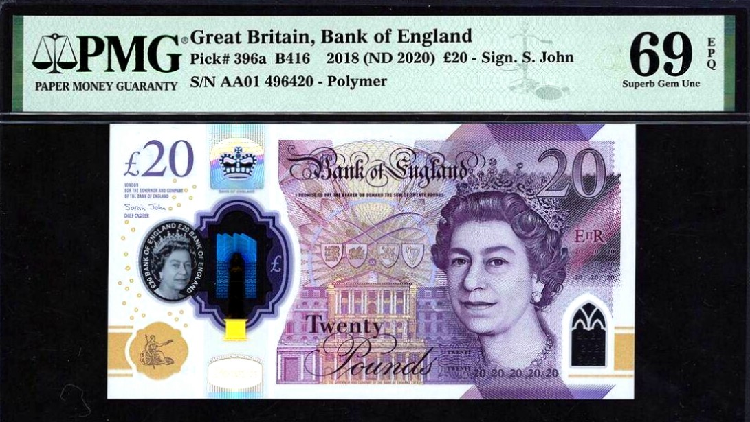 【Blue Auction】✨世界纸币精拍第300期盛典🔥🔥🔥 【AA01】英国 2018年20镑 PMG69EPQ 顶级高分