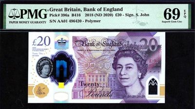 【Blue Auction】✨世界纸币精拍第300期盛典🔥🔥🔥 【AA01】英国 2018年20镑 PMG69EPQ 顶级高分