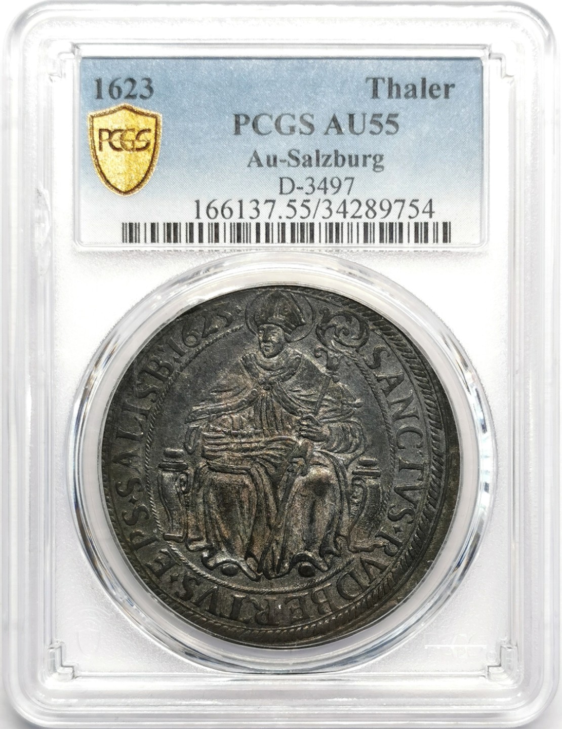凡希社世界钱币微拍第二百三十期 荐！1623奥地利萨尔茨堡主教区泰勒大银PCGS-AU55通体黑漆古！