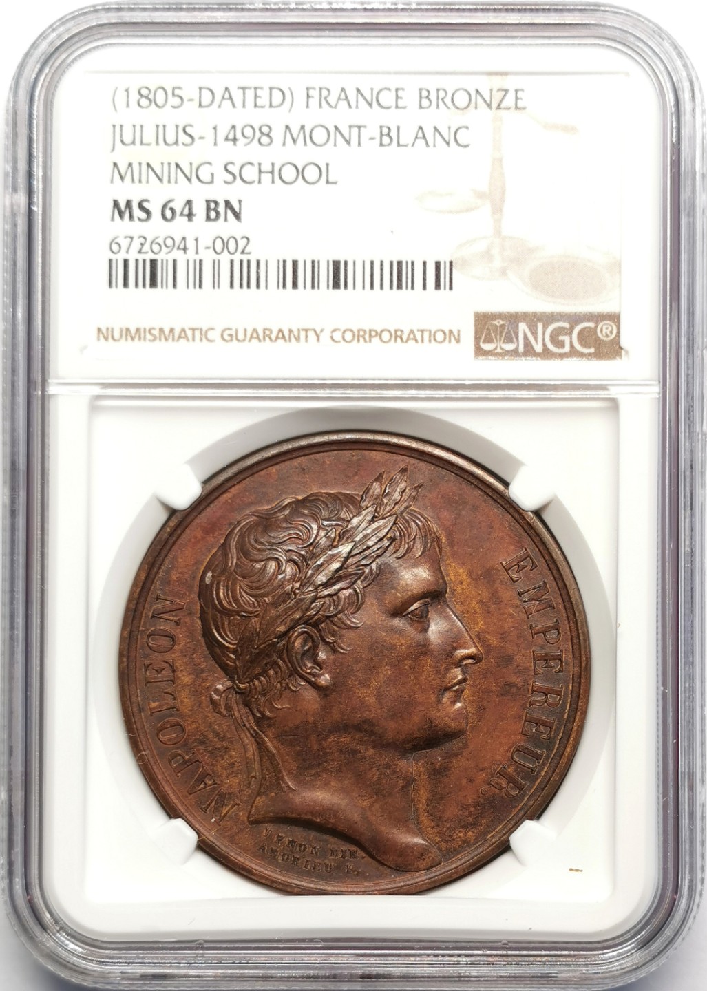 凡希社世界钱币微拍第二百三十期 1805法国拿破仑矿业学院纪念铜章NGC-MS64