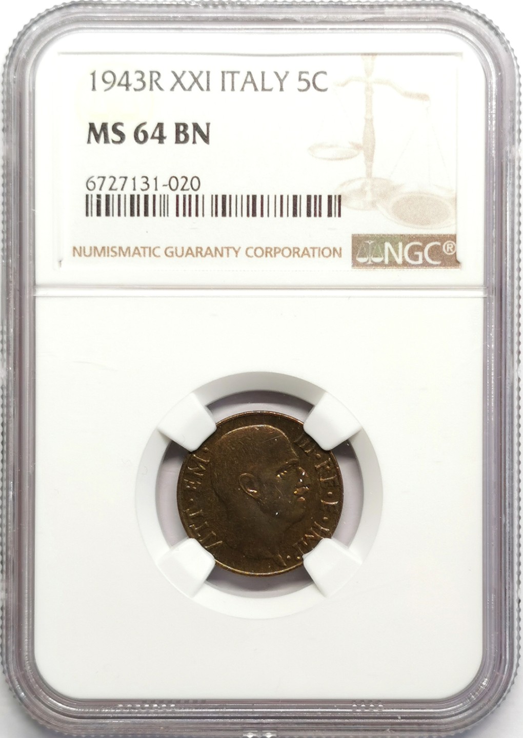 凡希社世界钱币微拍第二百三十期 1943意大利鹰与束棒5分铜币NGC-MS64