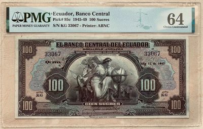 【Blue Auction】✨世界纸币精拍第300期盛典🔥🔥🔥 【实钞高分少见】厄瓜多尔 1947年100苏克雷 PMG64 大天使 ABNC经典形象 雕刻精美
