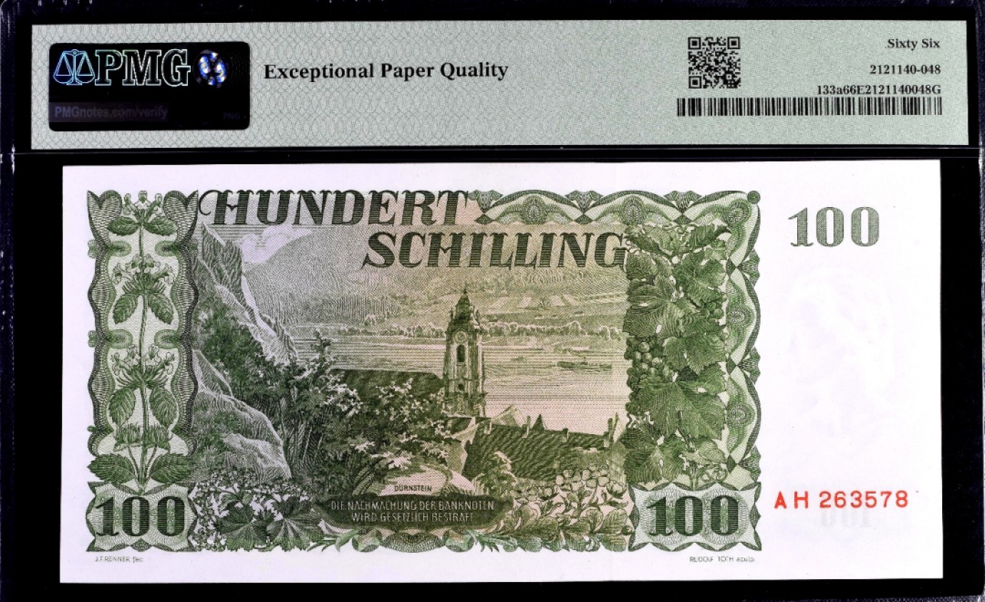 【Blue Auction】✨世界纸币精拍第300期盛典🔥🔥🔥 【仅1张更高分】奥地利 1954年100先令 PMG66EPQ 设计非常漂亮 奥地利剧作家、诗人格里尔伯泽