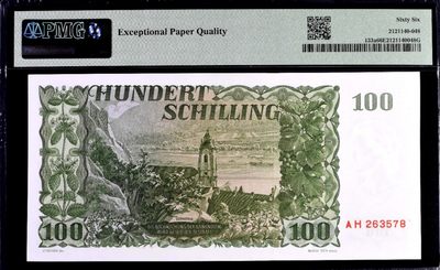 【Blue Auction】✨世界纸币精拍第300期盛典🔥🔥🔥 【仅1张更高分】奥地利 1954年100先令 PMG66EPQ 设计非常漂亮 奥地利剧作家、诗人格里尔伯泽