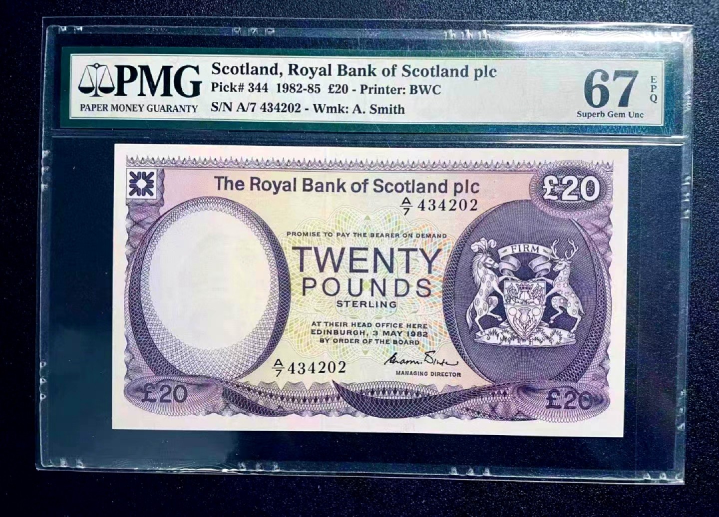【Blue Auction】✨世界纸币精拍第300期盛典🔥🔥🔥 【仅1张更高分 唯一亚军】苏格兰 1982-85年20镑 BWC出品 城堡版 PMG67EPQ 清新耐看 高分