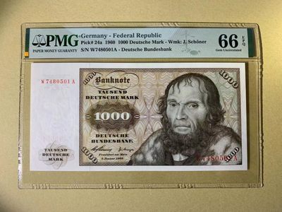 【Blue Auction】✨世界纸币精拍第300期盛典🔥🔥🔥 【初版 p24a】德国 1960年1000马克 PMG66EPQ 舍那 极致雕刻