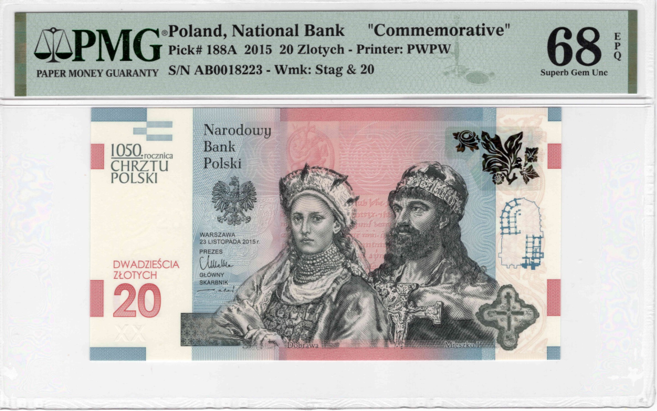 【Blue Auction】✨世界纸币精拍第300期盛典🔥🔥🔥 【无47】波兰 2015年20扎罗提 PMG68EPQ超高分 接受洗礼1050周年纪念钞