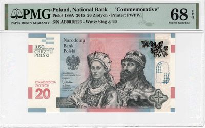 【Blue Auction】✨世界纸币精拍第300期盛典🔥🔥🔥 【无47】波兰 2015年20扎罗提 PMG68EPQ超高分 接受洗礼1050周年纪念钞