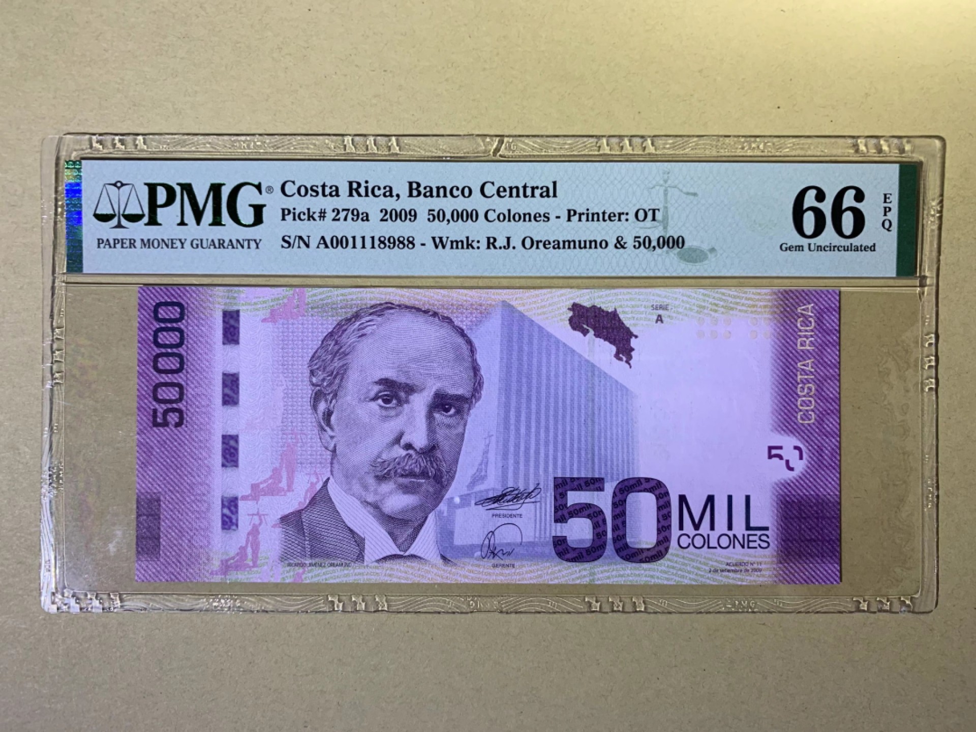 【Blue Auction】✨世界纸币精拍第300期盛典🔥🔥🔥 【AA倒置号118988靓号少见】哥斯达黎加 2009年50000克朗 紫蝶 PMG66EPQ 